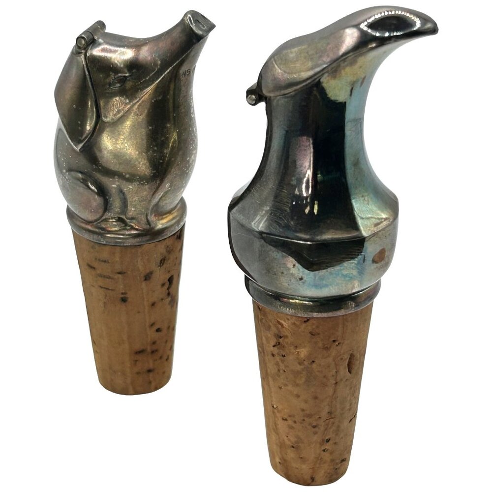 Set of 2 Silver Wine Aerator Stopper Cork Ewer & Pig/Hog Head Design Vintage